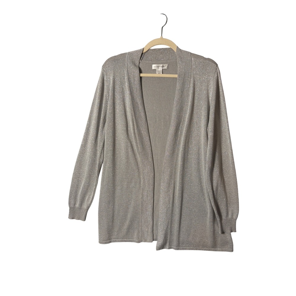Christopher & Banks Womens Cardigan L Silver Metallic Shimmer Open Front Party